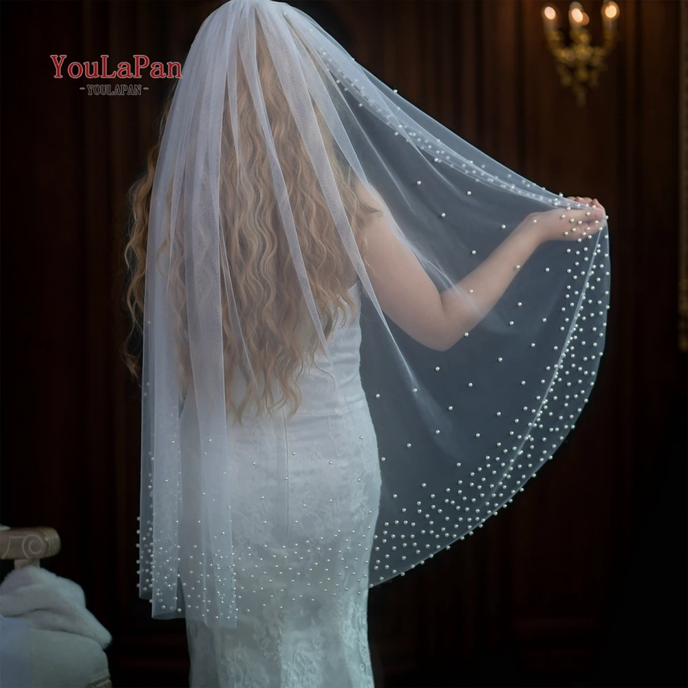 

TOPQUEEN Elegance Cathedral Bridal Pearl Veil Single Soft Tulle Velos De Novia Lujo 2024 Wedding Veil For Brides V225 With comb