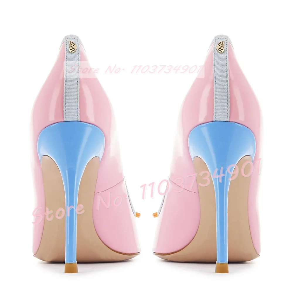 Pink Patent Leather Round Toe Pumps Women Stylish Blue Thin High Heels Shoes Ladies Fashion Big Size Bowknot Mixed Color Pumps