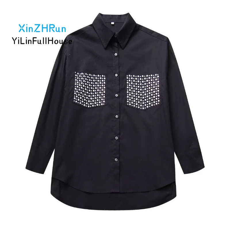 Autumn New Women's Lapel Single Breasted Double Pocket Rivet Decoration Top Casual Loose Poplin Solid Color Long Sleeved Shirt