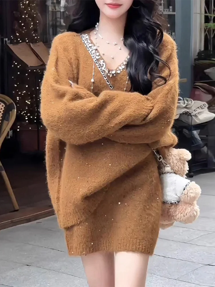 

Белый вязаный свитер и юбка с высокой талией, комплект из двух предметов для женщин, осенне-зимний, шикарный, повседневный, в стиле «ленивый шик»