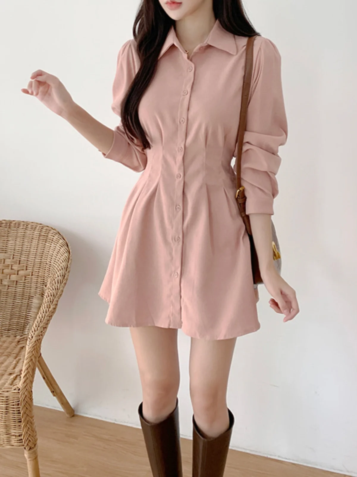 Chic Slimming Mid-Length irt Dr Women's Summer Vintage Collar Seven-Sve Single-Button ort Skirt Korean Sle High W...