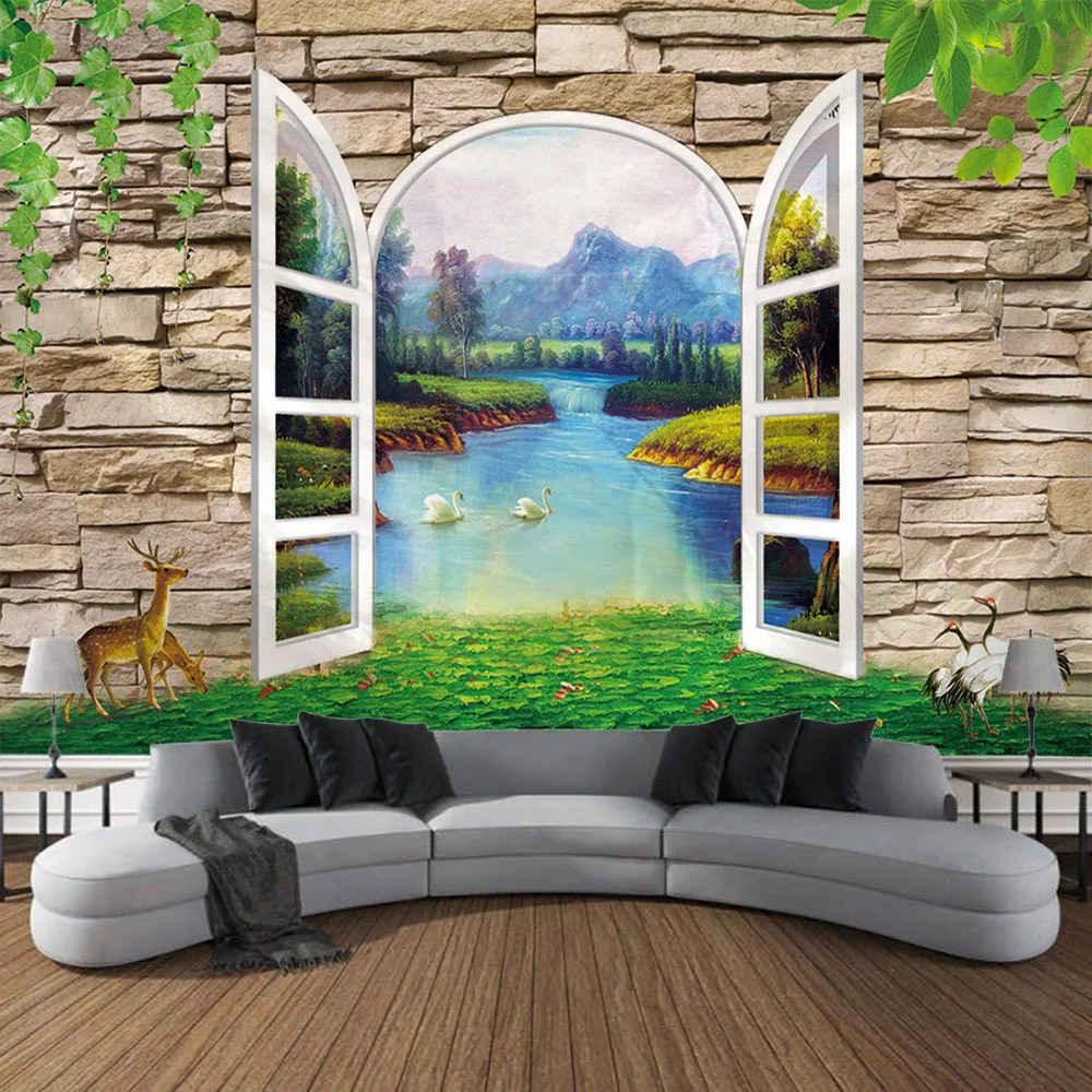 

Window view, printed tapestry, sea view, forest, home art decoration, Bohemia, wall decoration, living room background fabric