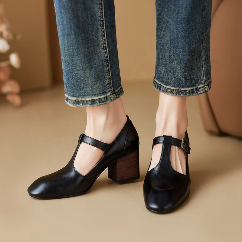 T-Strap Elegant Pumps Thick Heeled Basic Shoes On Heel Woman Simple Shoes Sheepskin Retro French Style Spring Atumn Footwear