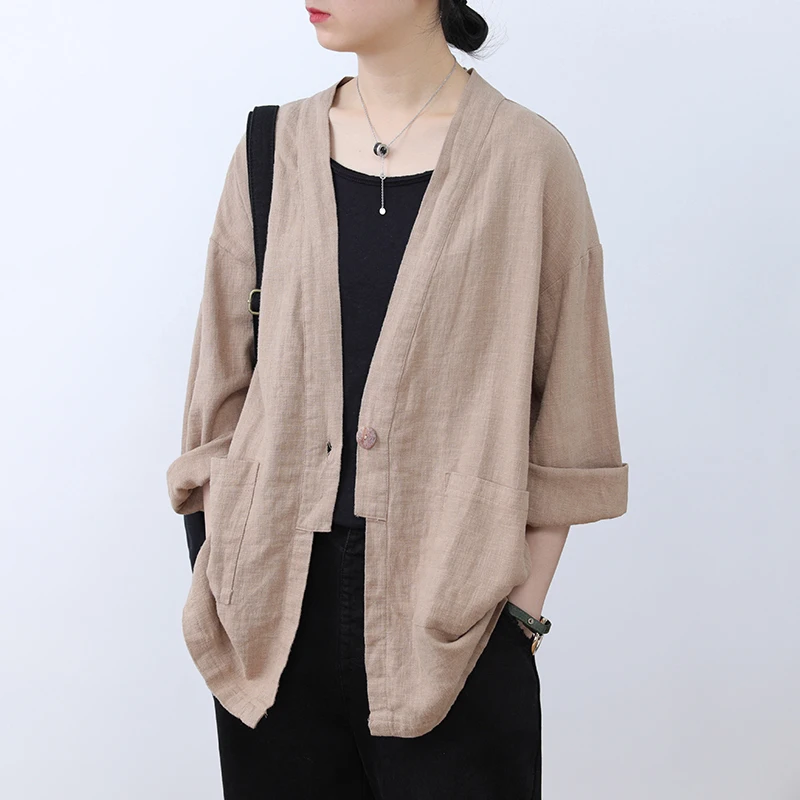 

plus Size Women's Cotton Linen Long Sve Jaet with Large kets One Button Spring Faion Outerwear Comfortable V-Ne
