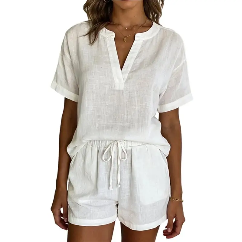 

CYL-Women's 2 Piece Linen Short Set V-Neck Button Top With Drawstring Shorts Casual Summer Outfits