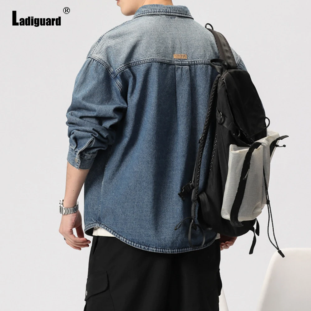 Ladiguard 2023 Kpop Fashion Denim Jackets Male Patchwork Tops Outerwear Men Casual Street Pocket Denim Jacket Men's Jean Coats