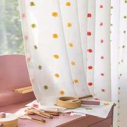 Multi-color pom-pom Opaque Window Screen Bedroom Tulle Curtains, Cute Macaron Curtains For Children's Room,Living Room Decor