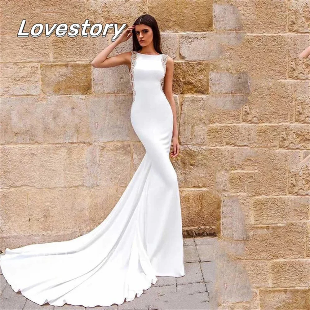 Abiti da sposa a sirena morbido raso Cut-Out Appliques pizzo abito da sposa scollo a barca abito da sposa senza schienale abiti senza maniche De Noiva