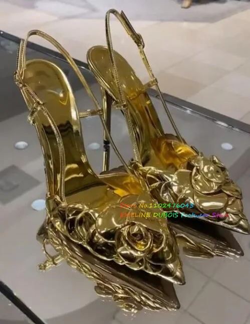 Gold Flower Decoration High Heel Sandals Pointy Toe Stiletto Heel Slingback Luxury Designer Brand Trendy Shoes For Ladies