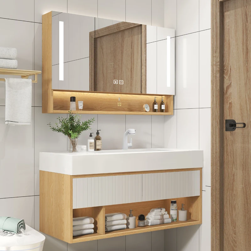 

Hotel Makeup Mirror Wooden Bathroom Cabinet Luxury Modern Wall Mounted Bathroom Vanity Bathroom Sink