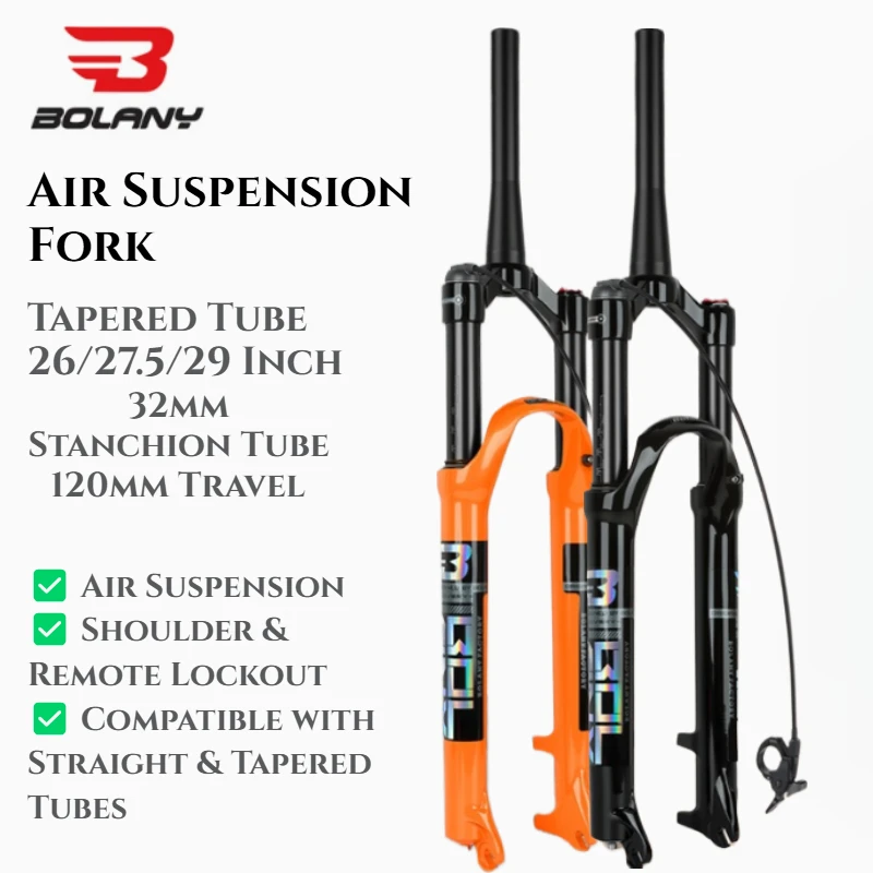 

Вилка передняя для горного велосипеда BOLANY 32 мм, воздушная амортизационная, с конической трубой, дистанционной блокировкой, ходом 120 мм, быстросъемная, для колес 26/27.5/29 дюймов