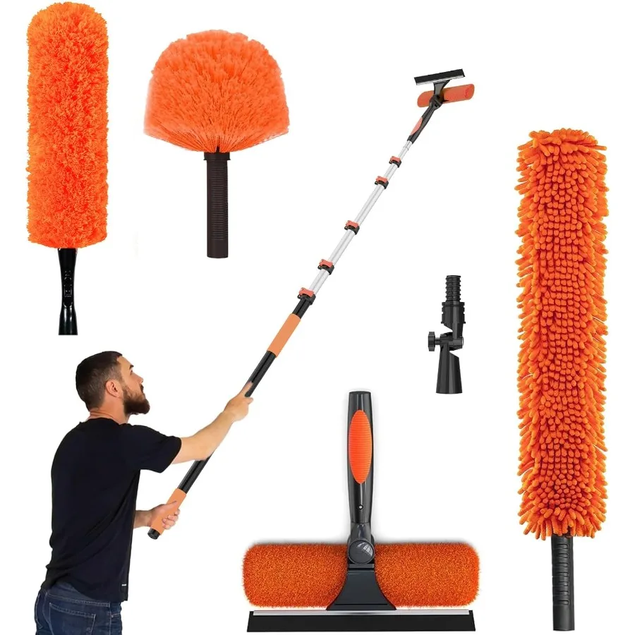 

30FT High Ceiling Duster Kits with 5-24FT Telescoping Extension Pole - Fan Blade Cleaner Cobweb Remover and Window Cleaning Kit