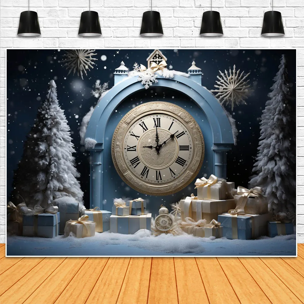 Mocsicka Christmas Backdrop Photography Vintage Clock Dark Blue Wall Snow Winter Outdoor Photo Background for Photo Studio Props