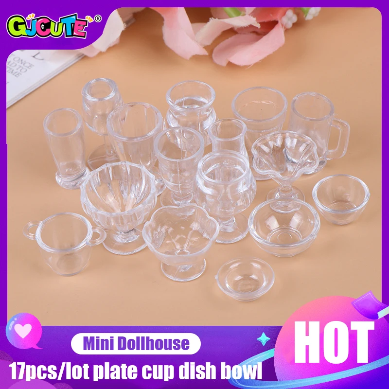 

17Pcs/Set Dollhouse Miniatures Kitchenware Cute Mini Transparent DIY Pretend Play Toy Drink Bowl Cups Dish Plate Tableware Set