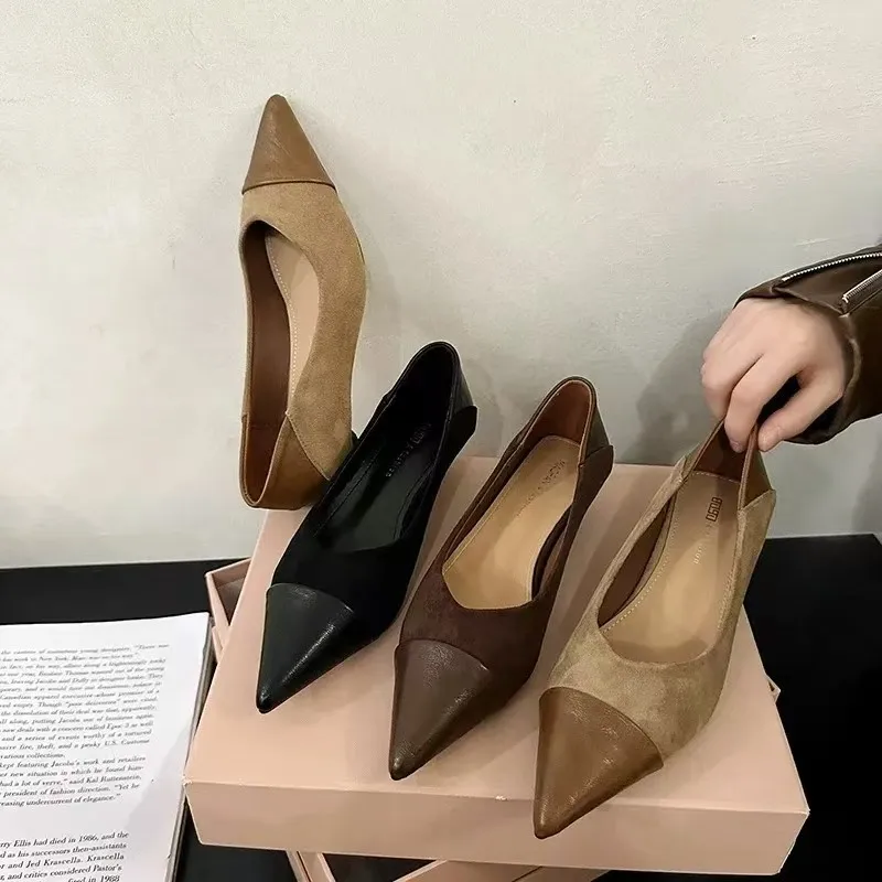 الفرنسية أشار تو الضحلة حذا فردي للسيدات كولوربلوك ماري جين 2025 الخريف جديد كعب صغير كعب ستيليتو