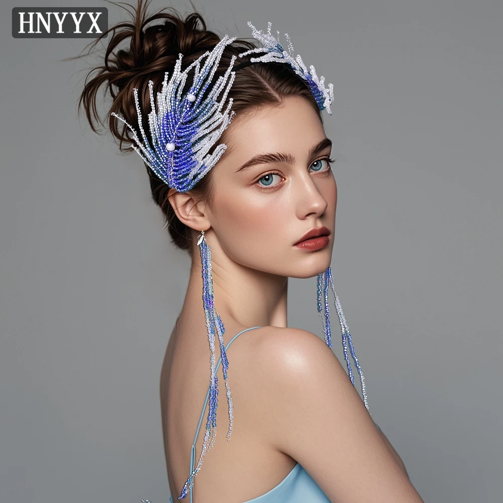 

HNYYX Blue Crystal Beaded Headband Detachable Long Tassel Headwear Fairy Style Hair Accessories Glamour Festival Headdresses A70