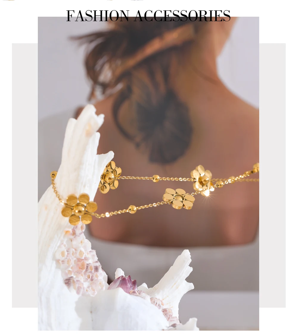 Yhpup Edelstahl-Blumenkette, modische Halskette, PVD-beschichtet, golden, wasserfest, poliert, hochwertiger Schmuck für Frauen – Detail 9