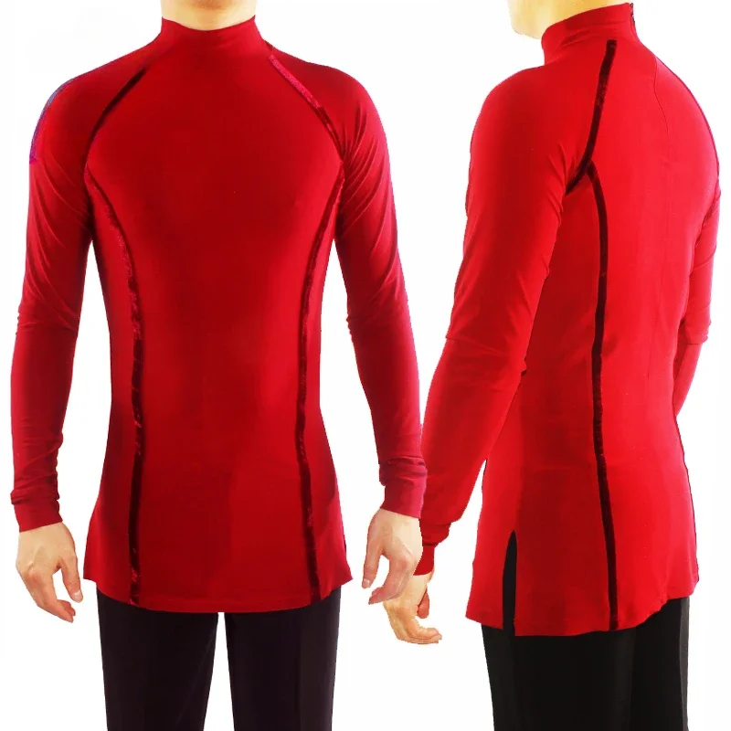 Men'S High Neck Professional Latin Dance Tops Ballroom Dance Practice Clothes Long Sleeves Velvet Adult Flamenco Shirt