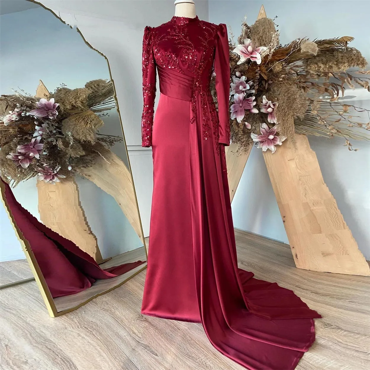 

Customized Islamic Modest Women Evening Dresses Burgundy Long Sleeves Prom Gowns Arabic Israel Formal Occasion 2025 Party
