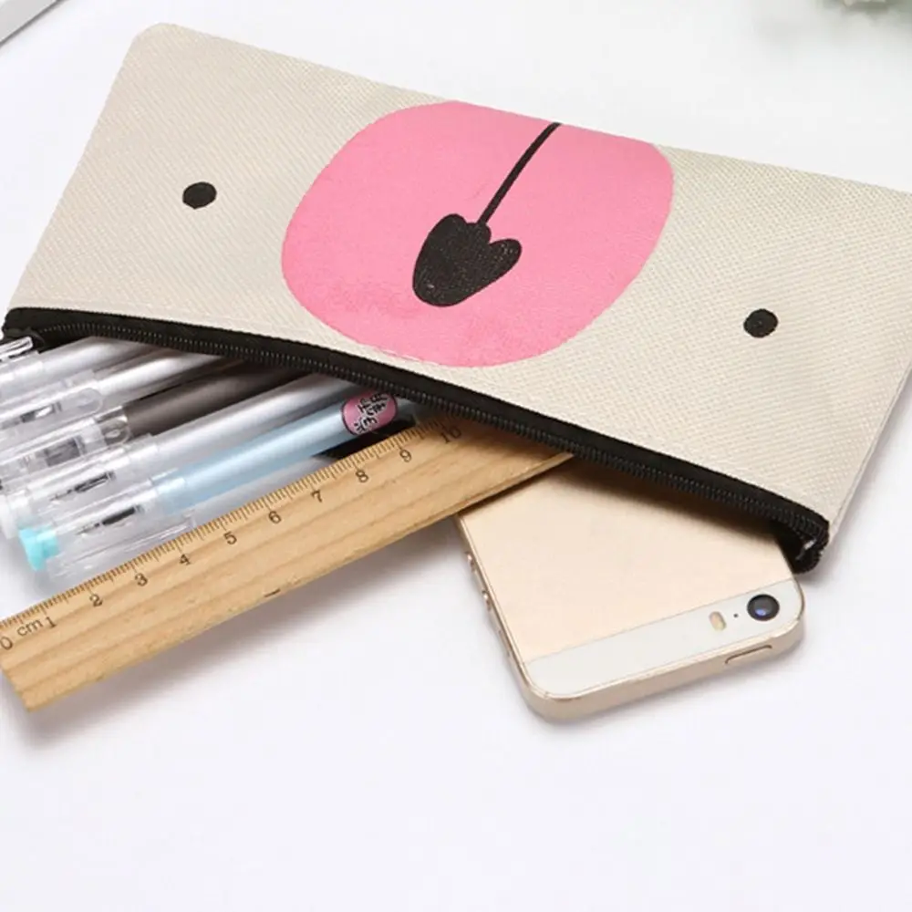 Durable Cute Canvas Pen Bag Creative Simple Pencil Bag Zipper Cartoon Cosmetic Bag Children
