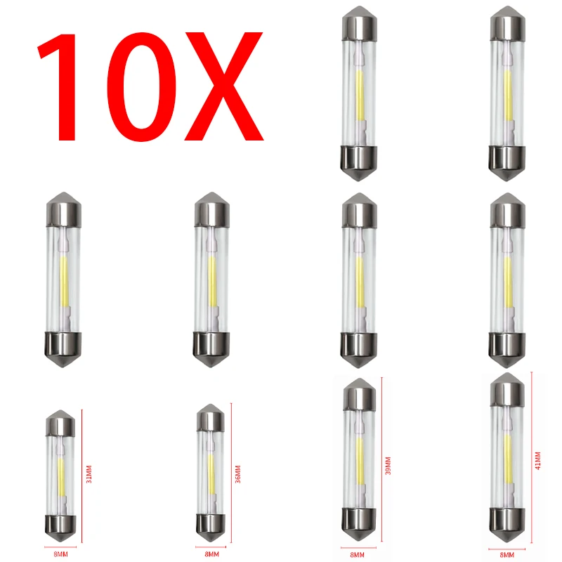 10X Festoon C5W Car LED Light Bulb COBSMD Glass Shell C10W 31/36/39/41MM Auto Interior Ceiling Bulb License Plate Lamp 12V White