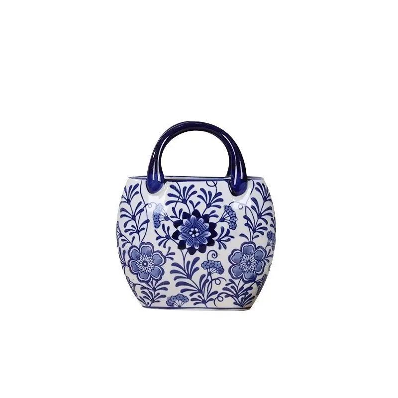Blue and white high-end Chinese new ceramic blue and white porcelain handbag decoration vase handicraft three-dimensional