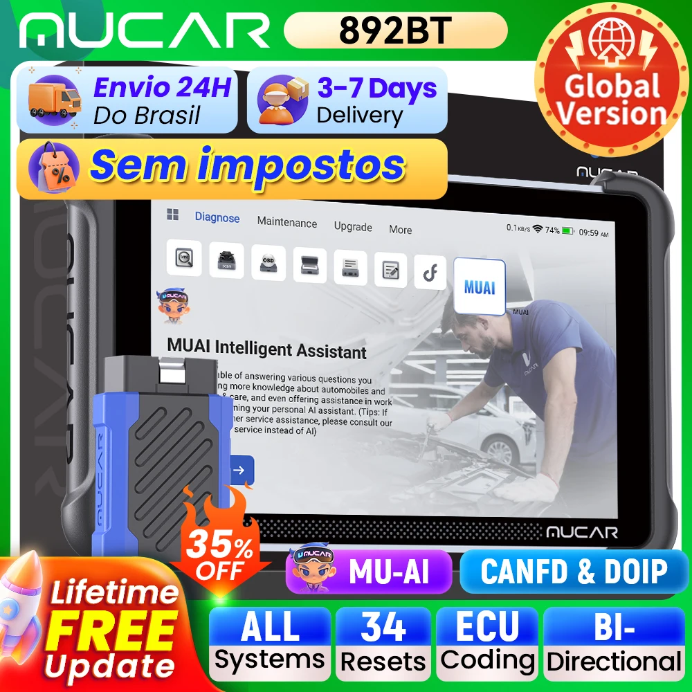 THINKCAR MUCAR 892BT Ferramentas automotivas bidirecionais assistidas por IA Codificação de ECU Vida útil Atualização gratuita Scanner OBD2 CANFD DOIP 35 Redefinição Diagnóstico completo do sistema
