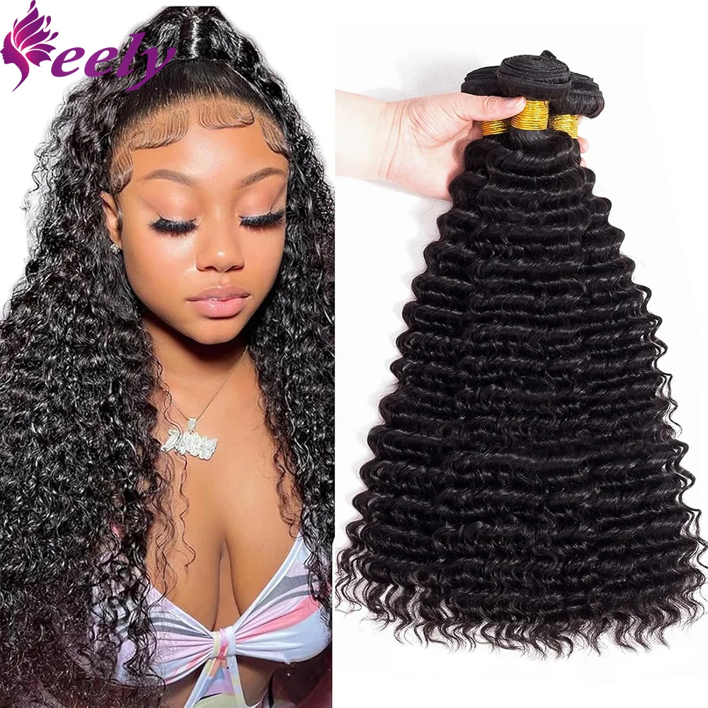 

Curly Bundles 100% Human Hair Brazilian Virgin Human Hair Bundles Unprocessed Deep Wave Natural Black Extensions 26 28 30 Inches