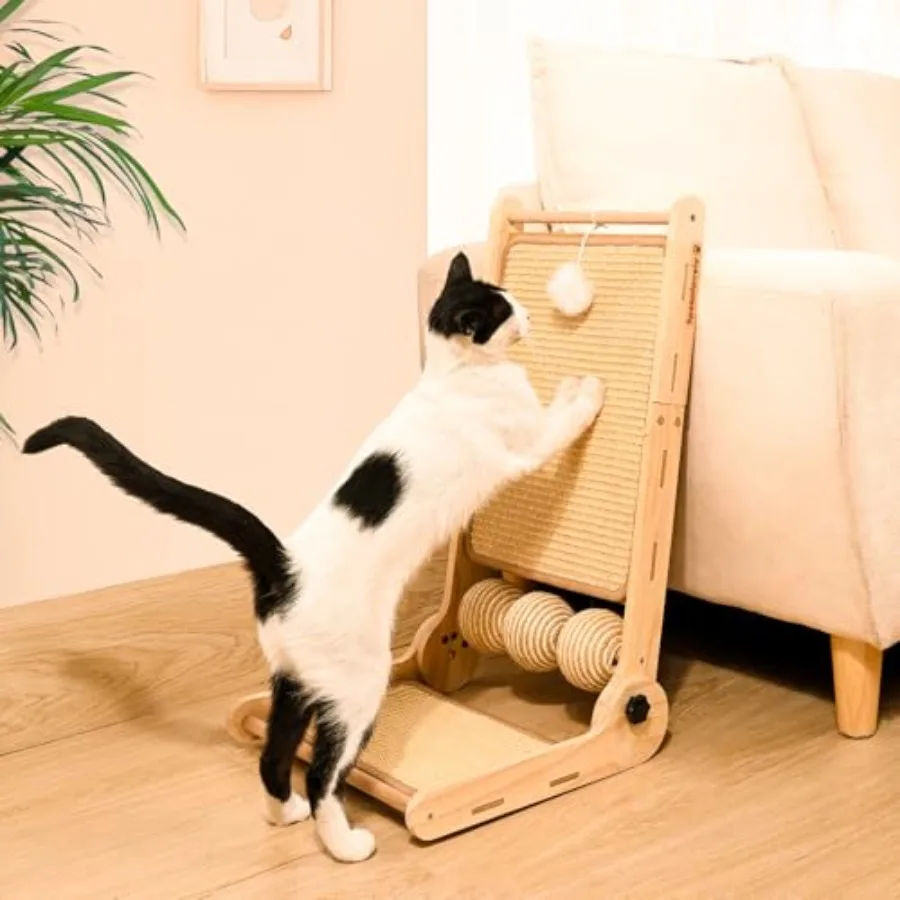 

Регулируемая когтеточка для кошек 180 см, 23,6 дюйма, с сизалевой подушкой для царапания и игрушечными шариками, для домашних кошек, двусторонняя, сизалевая, коричневая