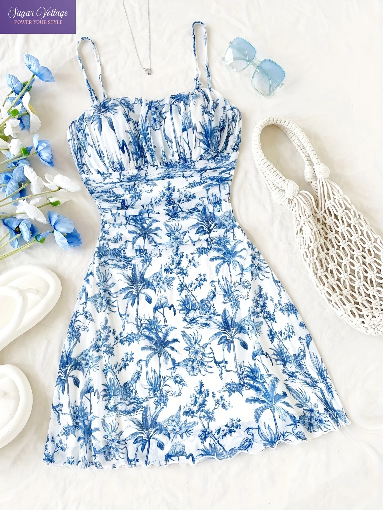 

Женский милый сарафан с тропическим цветочным принтом без рукавов на тонких бретельках, короткое мини-платье, пляжный праздничный наряд, летняя повседневная одежда