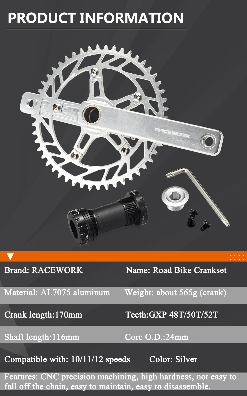 RACEWORK Rennrad-Kurbelgarnitur, 10/11/12 Gänge, silber/schwarz, glänzend polierte Kurbel, 170 mm Aluminium-Einzel- und Doppelscheiben-Kettenrad – Detail 2