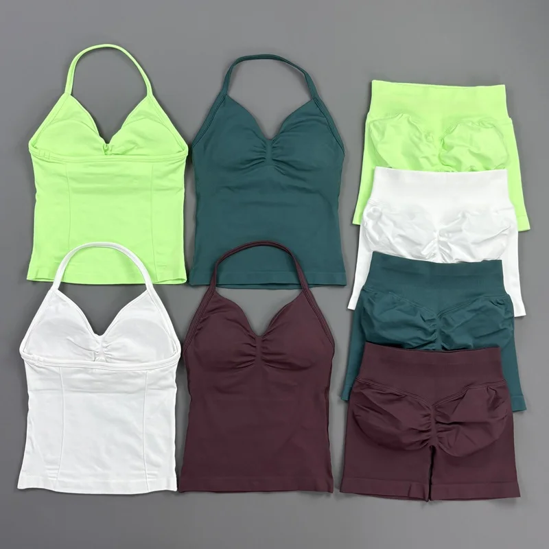 2-teiliges HISTELLO Impact Set für Damen, GYM Longline Strappy Top, nahtloses Yoga-Set, Scrunch Butt Sportshorts, Workout-Fitness-Anzug – Detail 9
