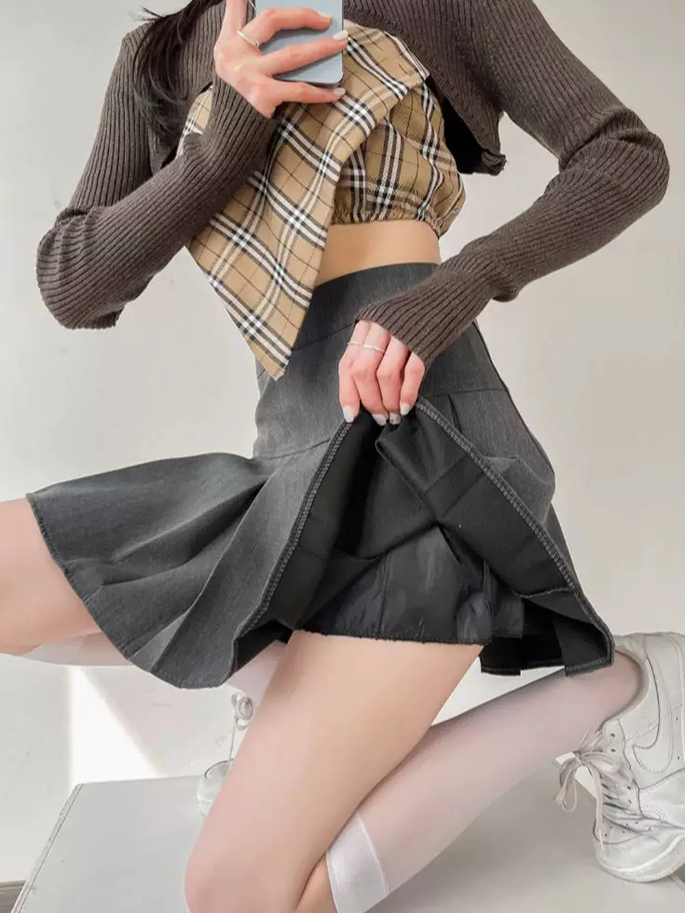 Vintage Gray Pleated Skirt Women Kawaii High Waist Mini Skirts Korean Fashion School Uniform Harajuku Streetwear Spring