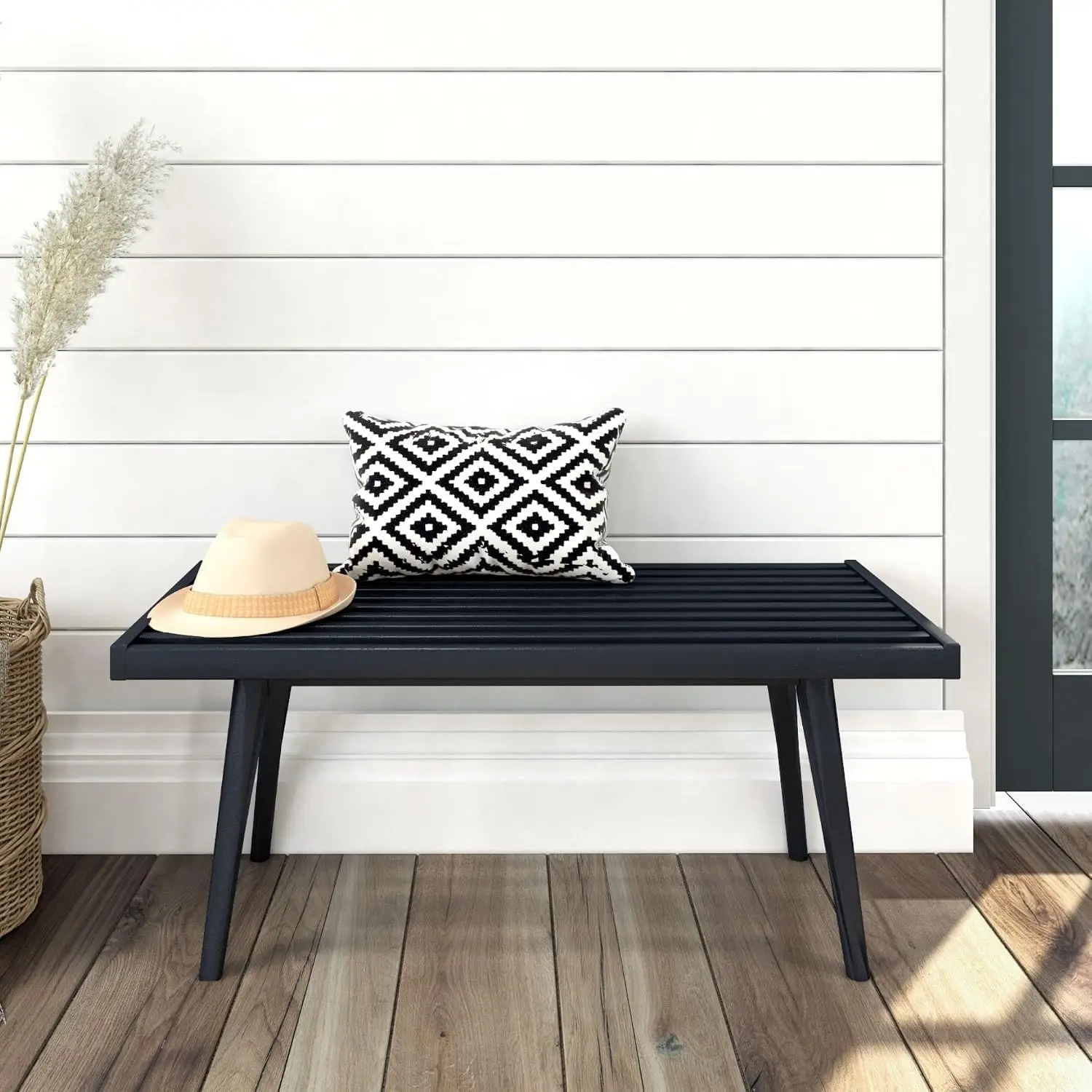 Plank+Beam Entryway Bench, Wooden End of Bed Bench for Bedroom, Mid-Century Modern Square Bench for Hallway, Living Room, Indoor
