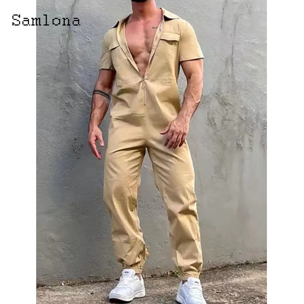 Men Fashion Straight Pants Set Sexy Zipper Pocket Overalls Male Short Sleeve Casual Retro Jumpsuits Men's Onesie Cargo Bodysuits