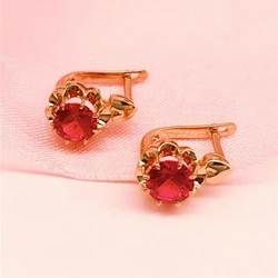 585 purple gold plated 14K rose gold inlaid flower ruby earrings for women luxury charm elegant ear buckle wedding jewelry gift