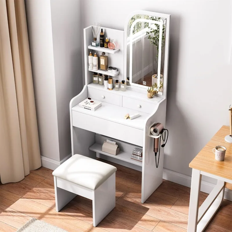 

Small Vanity Desk with Mirror and Lights, Makeup Vanity Desk with Power Outlet & 3 Drawers & 3 Shelves & Stool, Dressing Table