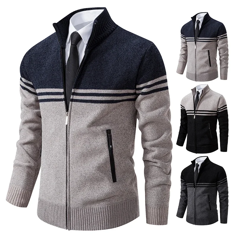 

2025.Men's New Winter Sweater Thick Fleece Warm Sweater Casual Stand Collar Zipper Cardigan Fashion Striped Coat