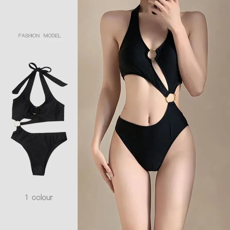 Black Goddess Sexy High Waist One Piece Women\'s 2023 Summer Casual Vacation Casual Hollow Out Backless With Chest Pad Swimwear