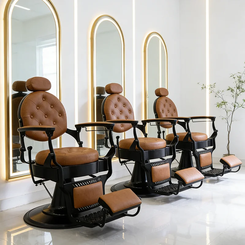 Luxury Beauty Salon Furniture Orange Tufted Leather Hair Dresser Shaving Chair Heavy Duty Styling Barber Chair for Wholesale