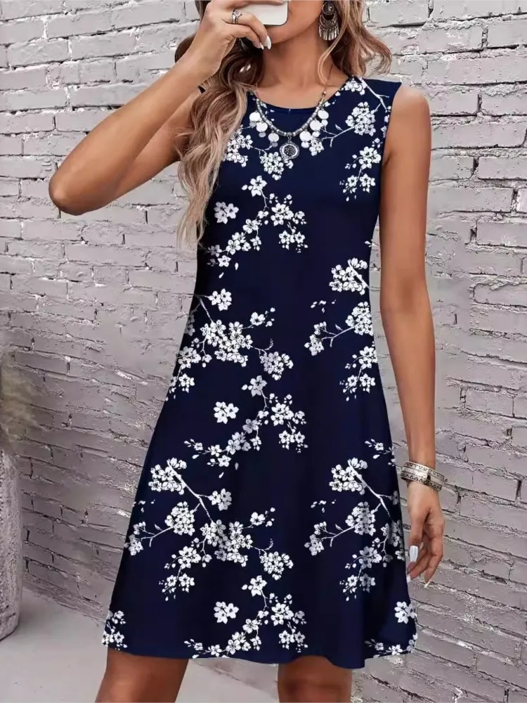 

Fashion Sleeveless Print Dress For Women Casual O-Neck Pullover Mini Dresses Lady Elegant Holiday Party Skirt Female Summer New