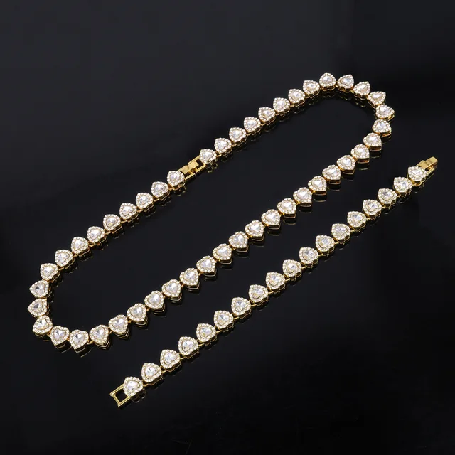 Yupsk 45CM/20CM Shiny Heart Rhinestone Hip Hop Rock Tennis Chain Bracelet Necklace for Women Men Trendy Jewelry Set Gift 3