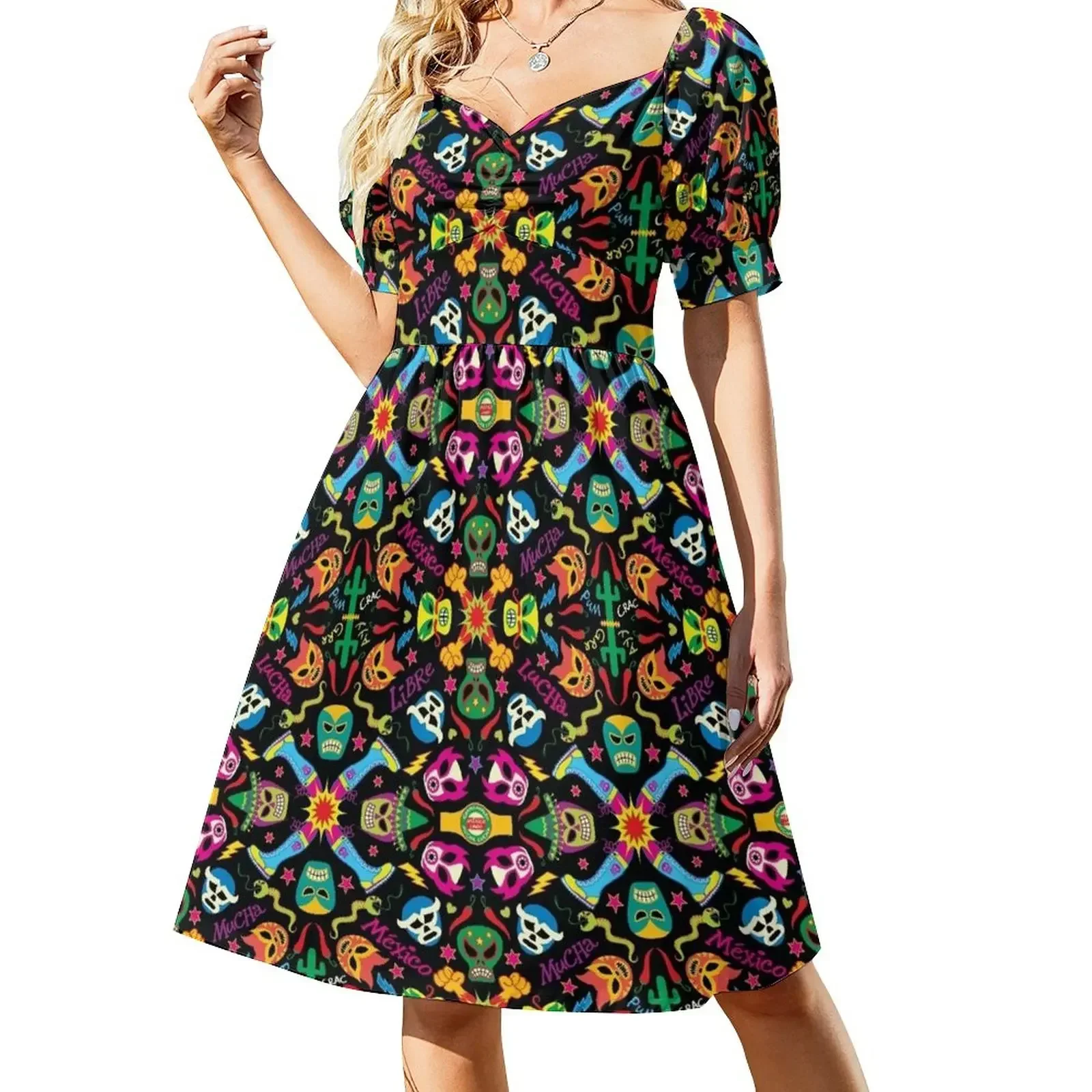 

Cool Mexican wrestlers getting ready to fight and have fun Short-Sleeved Dress dress summer Dress