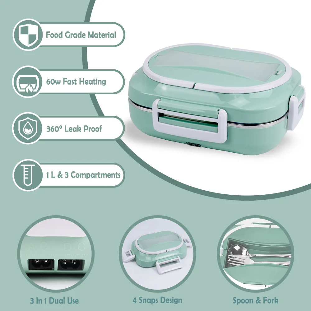 Three-grid Leak-proof Fast Heating Electric Lunch Box Household Portable Food Heater Stainless Steel Lunch Box