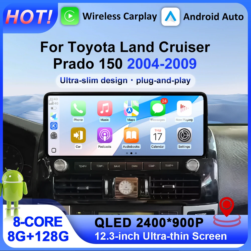 

GPS Navi для Toyota Land Cruiser Prado 150 2004-2009, беспроводной Carplay Android Auto BT WiFi 4G DSP 12,3 дюйма, QLED экран, автомобильные инструменты