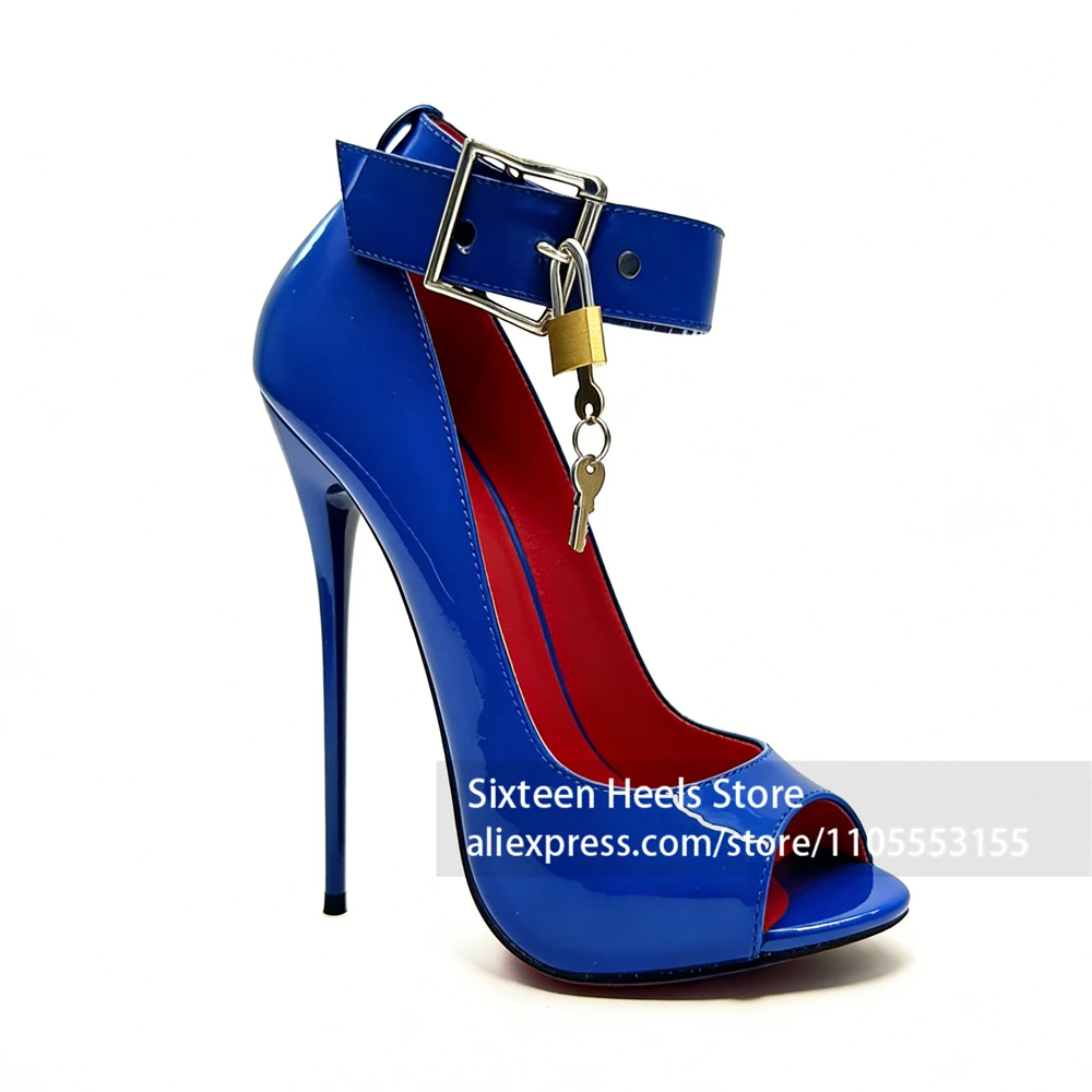16cm Patent Leather Lock Pumps Sexy Style Peep Toe High Heel Stilettos Red Inside Belt Buckle Lacquered Heels Custom Multicolor