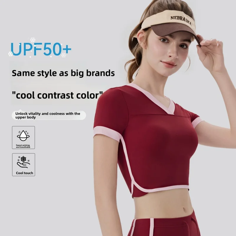 Cooling yoga shirt for women, short-sleeved, color-blocking, breathable, suitable for outdoor sportstNude-feel Pilates training