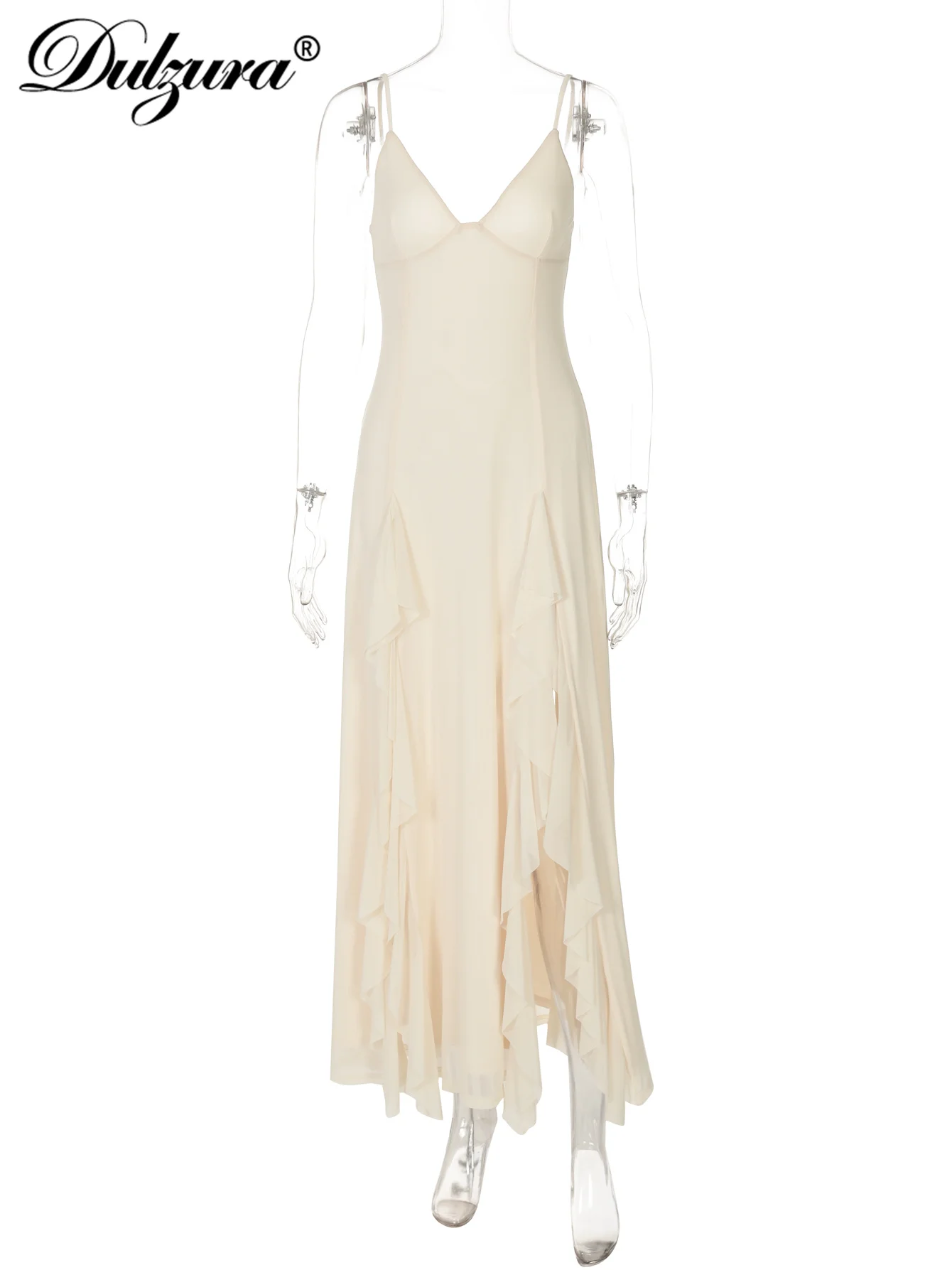 Dulzura بلا أكمام عارية الذراعين سليم الجانب الشق شبكة الكشكشة كامي فستان ماكسي الصلبة مثير أنيق فستان طويل نادي الحفلات ملابس الصيف