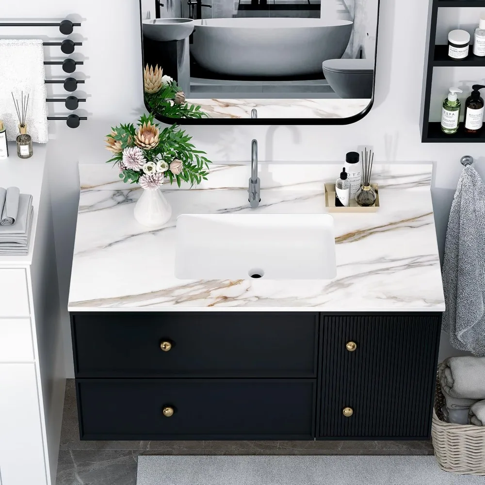 

Marble Bathroom Vanity Top with Middle Sink and 4" Height Backsplash, Pre-Drilled Hole Vanity Top (Cabinets not included)，43In