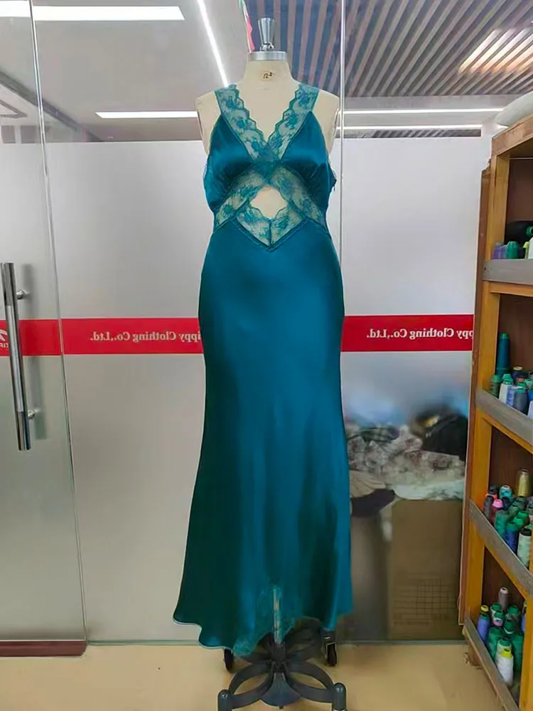 女性用レーストリムホルターネック100%シルク19m/mスリップマキシドレスカスタムサイズ